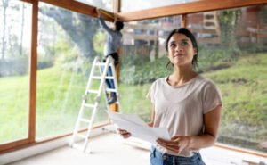 Latin American female architect renovating a house and holding designs at the construction site